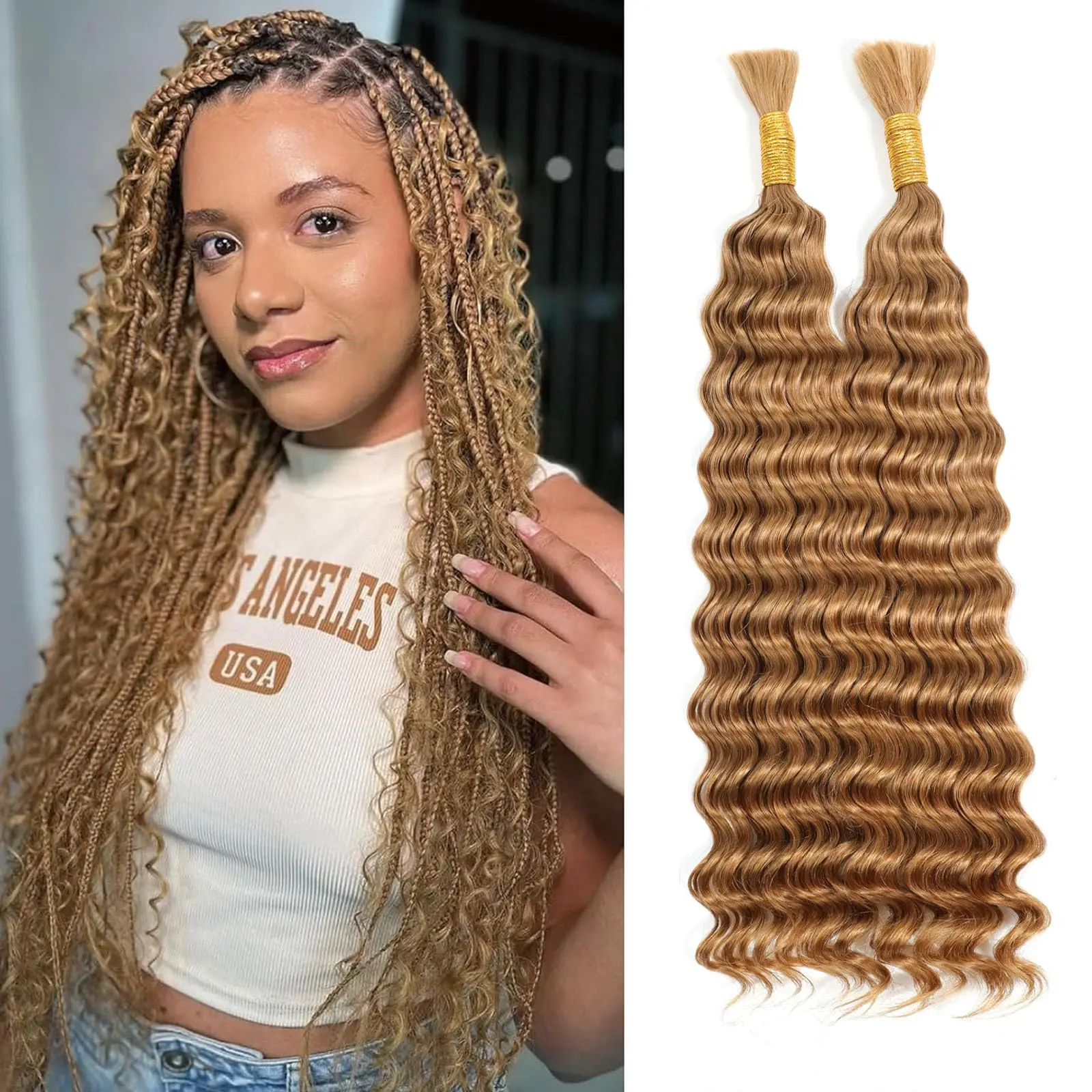 Boho Tranças Cabelo Humano para Mulheres Africanas, Profundo Encaracolado, Cabelo Virgem Loiro, Tecelagem De Cabelo Em Massa, Sem Trama