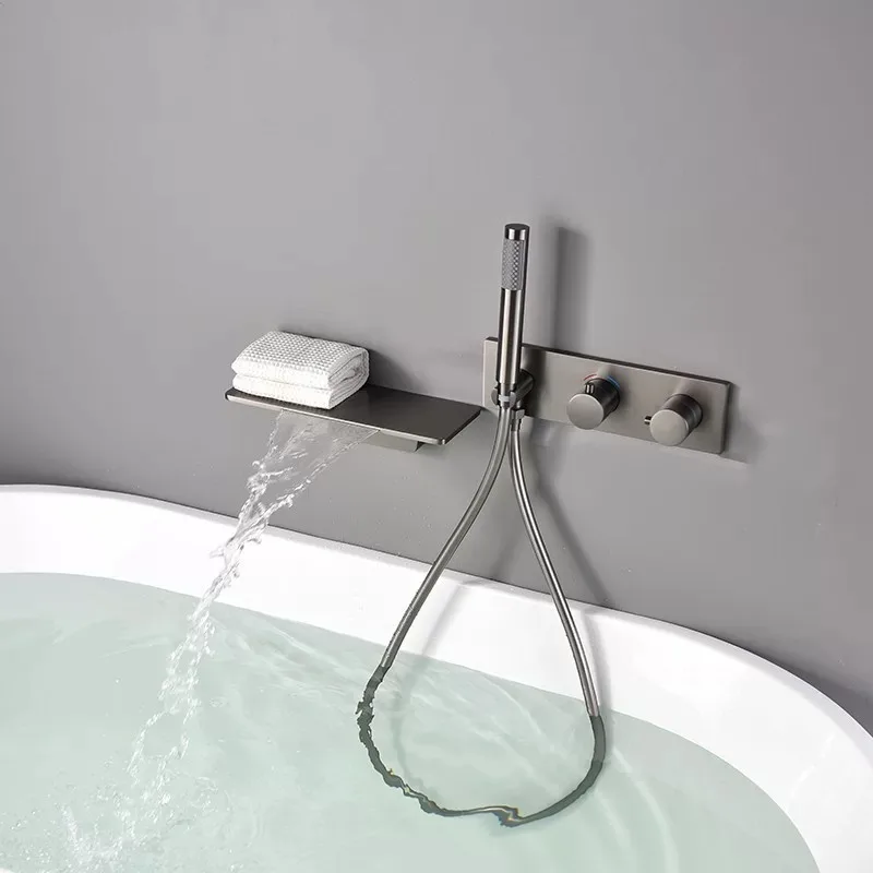 Wall Mounted Bathtub Shower Set Dual Control Mixer Tap With Handheld Spray Waterfall Spout Matte Black Finish Construction