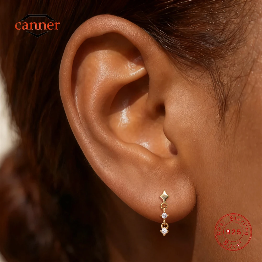 CANNER 1 Pair 925 Stwerling Silver Smooth Four Pointed Star Four Claw Zircon Tassel Stud Earrings For Women Ins Classic Earrings