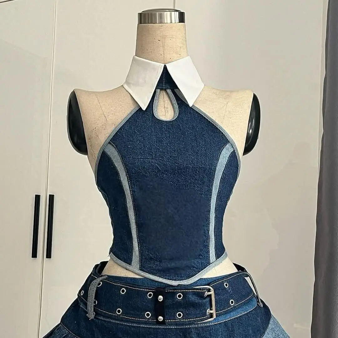 Y2K 스타일 민소매 하프 스커트 섹시 숏 스커트 kpop 댄스 의상 로리타 세트