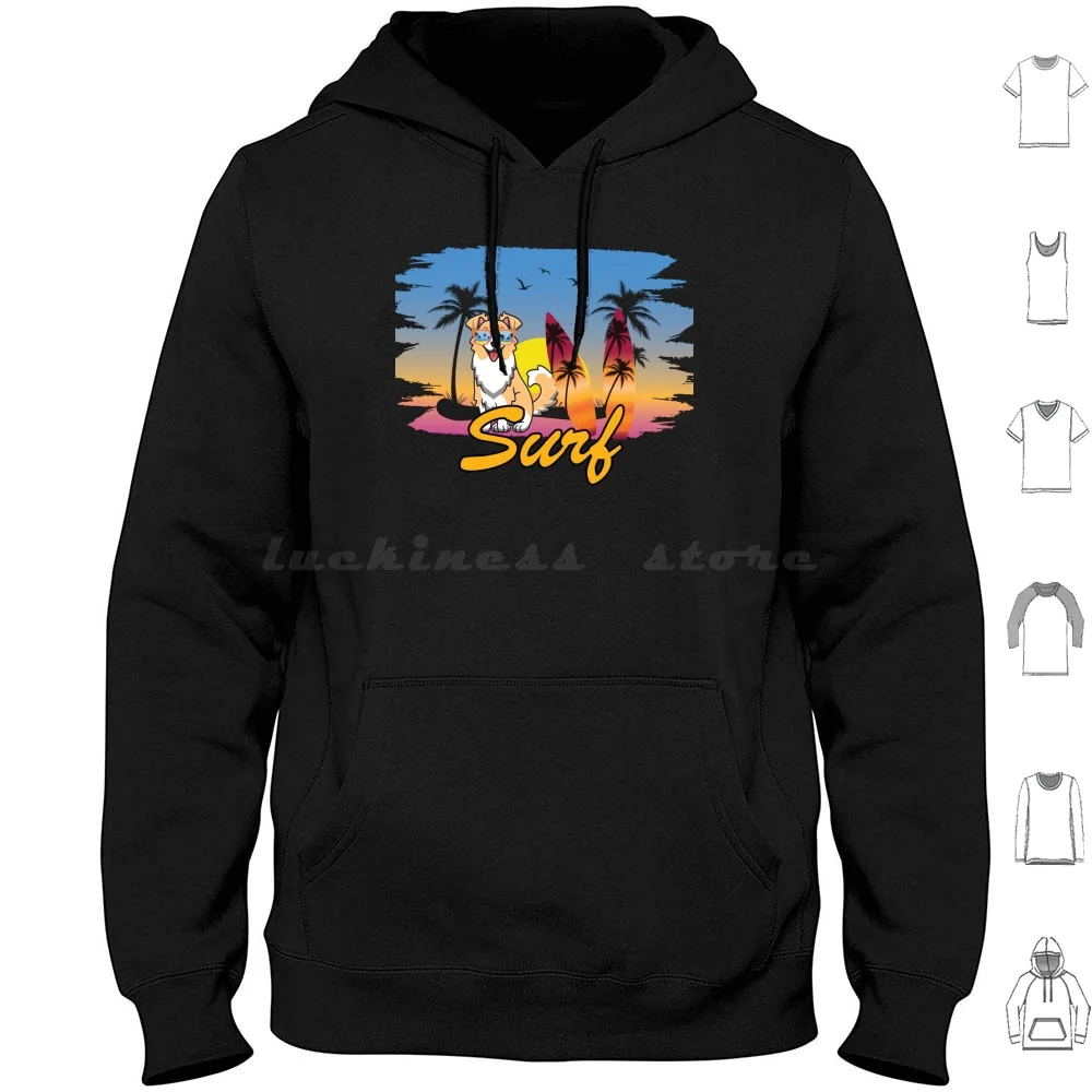 Summer Day Surfing Pug Hoodie Cotton Long Sleeve Hello Summer Holiday Pug Beach Cocount Dog Holiday Dog Surfing