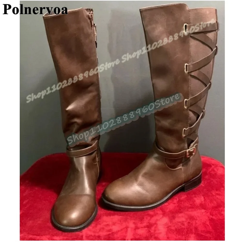 

Knee High Brown Splicing Cross Strap Boots Flats Shoes For Women Side Zipper Round Toe Fashionable Occidental Zapatos Para Mujer