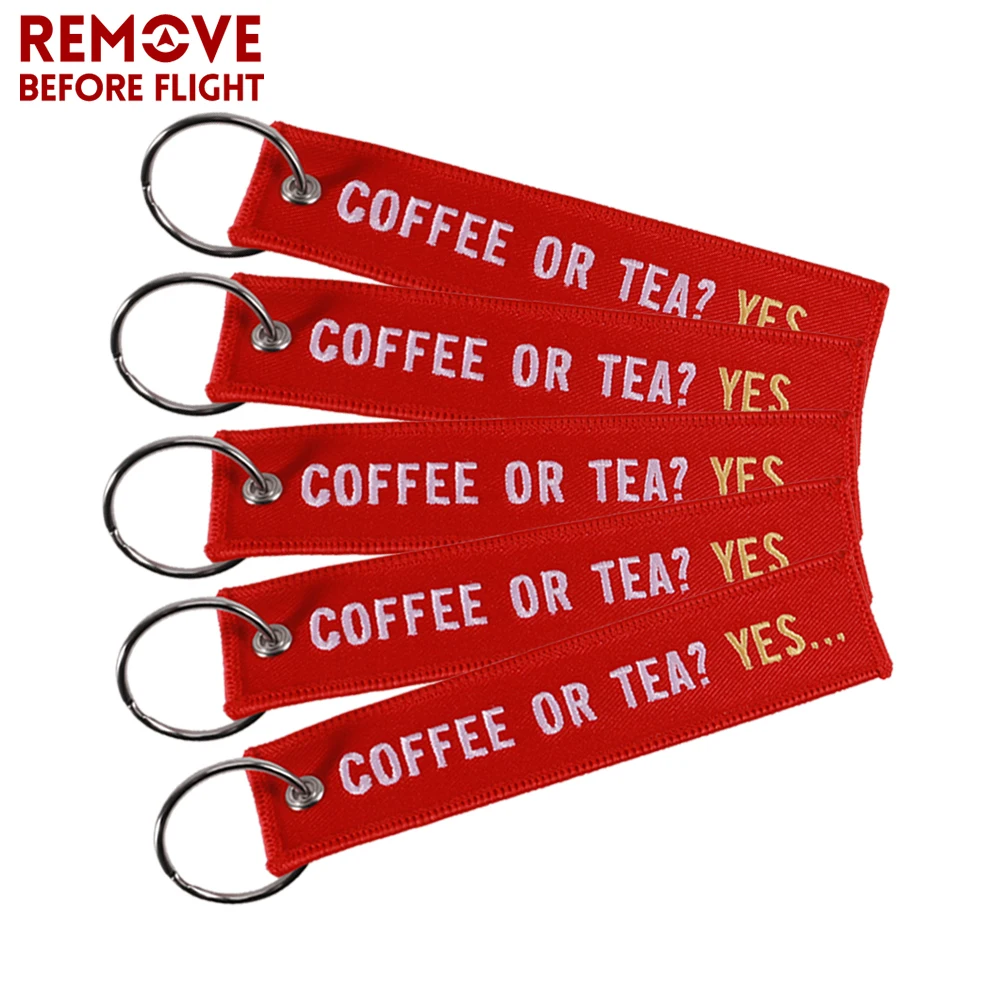 

50 PCS/LOT Coffee or Tea YES Keychains for Cars Embroidery Chicken or Beef Fish Key Chain Bijoux Porte Clef Aviation Key Chains