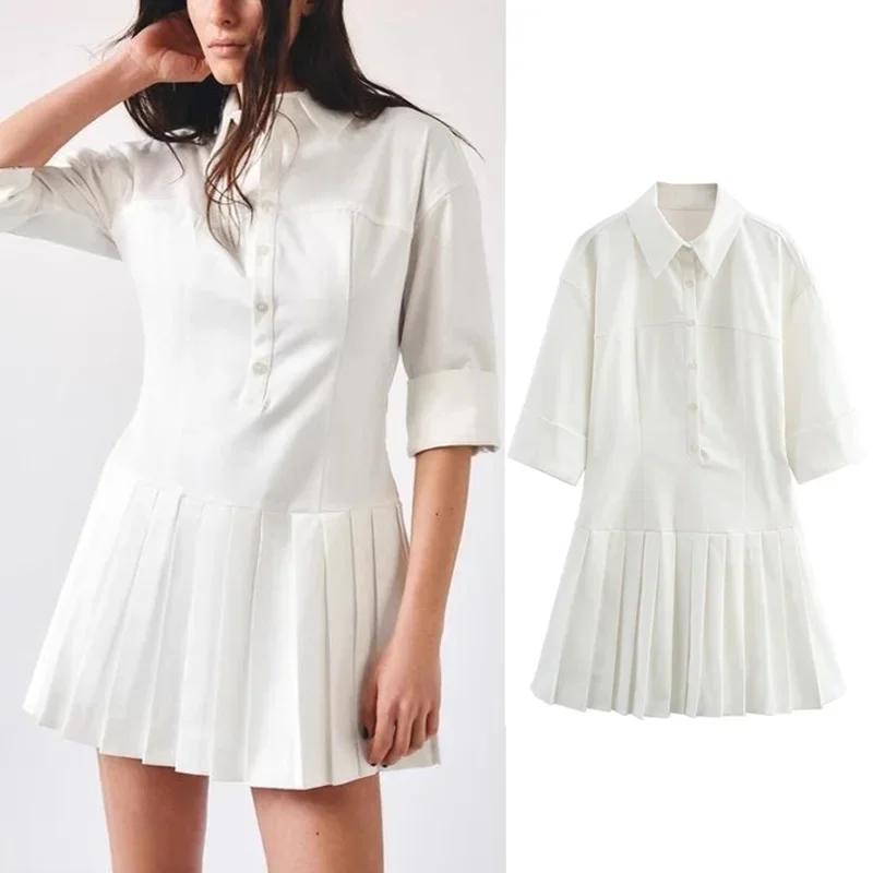 PRINTKAOIR فستان قميص نسائي طية صدر السترة كم قصير واحدة الصدر الجانب سستة مطوي تنورة الصيف جديد عادية شيك تنورة صغيرة