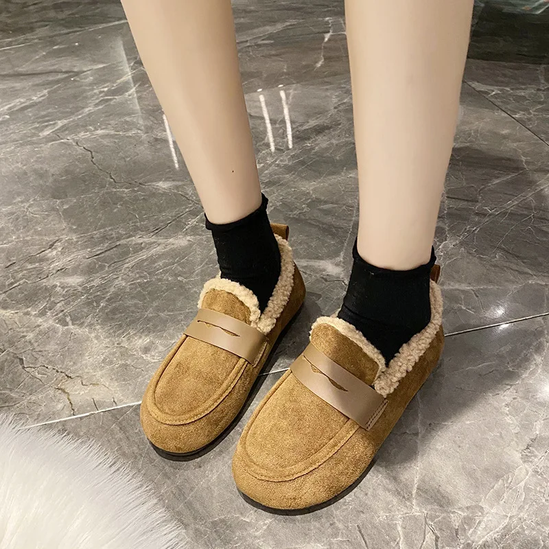 Korean Version of Plush Shoes for Women 2025 Autumn Winter New Soft Soled Soybean Shoes for female in Loafers with Flat Bottoms