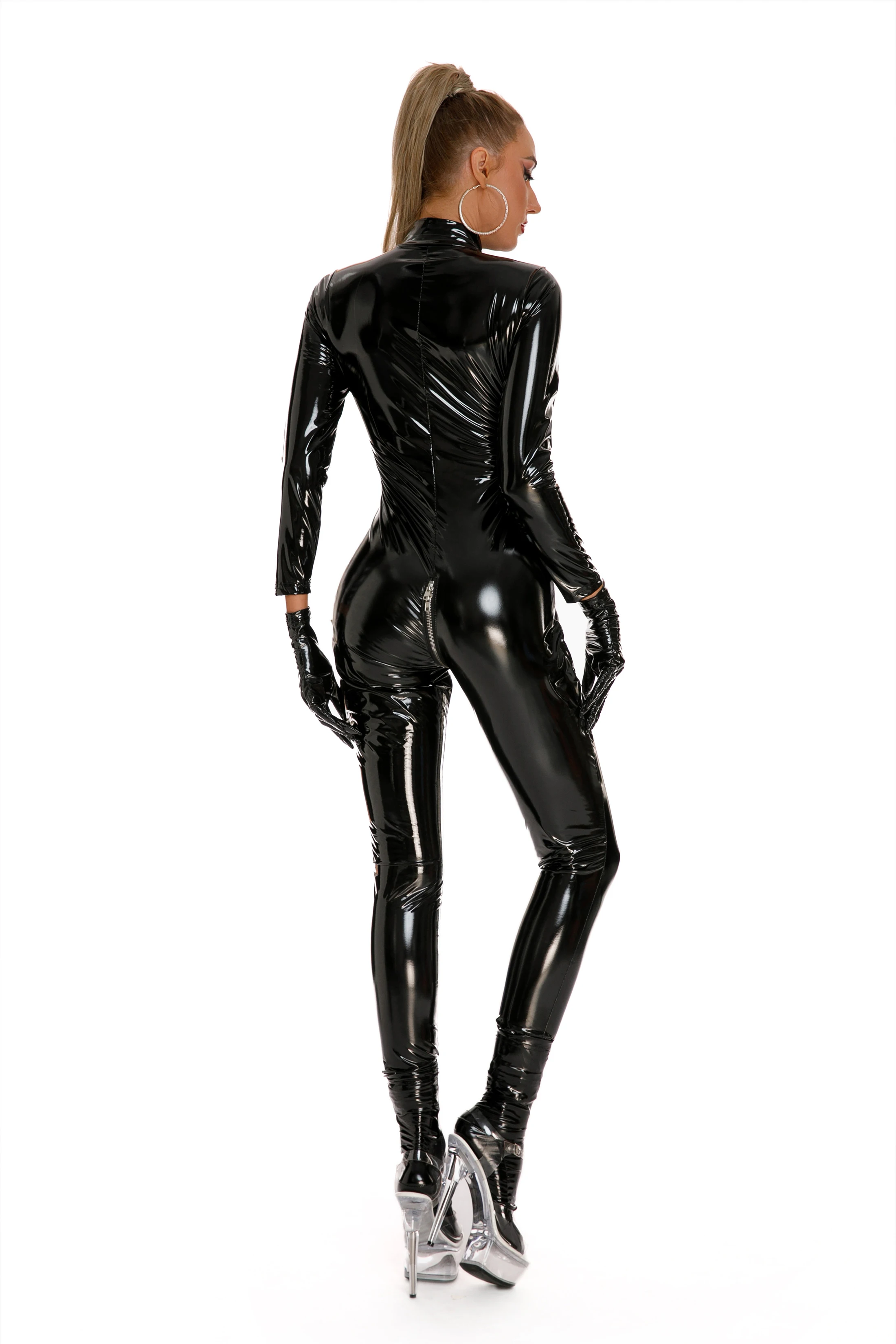 

Sexy Women Faux Leather Catsuit Wetlook Latex Bodysuit Front Zipper Open Crotch Jumpsuits Stretch Bodystocking Erotic Costumes