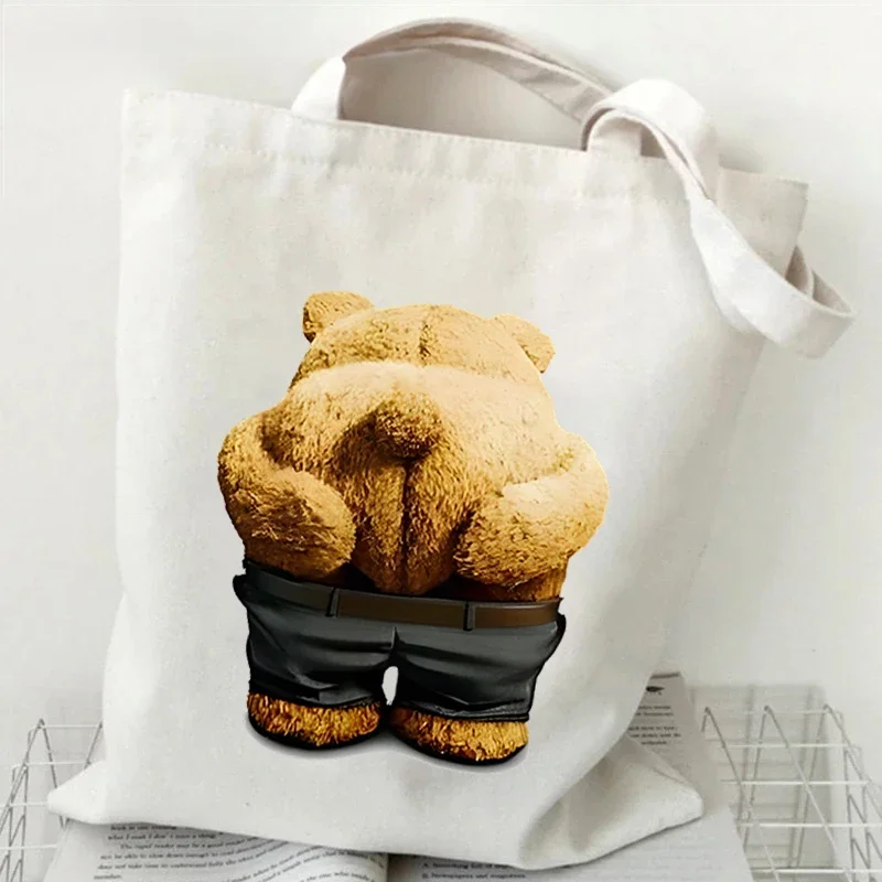 Women Canvas Tote Bag Teddy Bear Butt Print Shoulder Bag Funny Reusable Shopping Bags Teen Cartoon Bag Harajuku Female Handbags