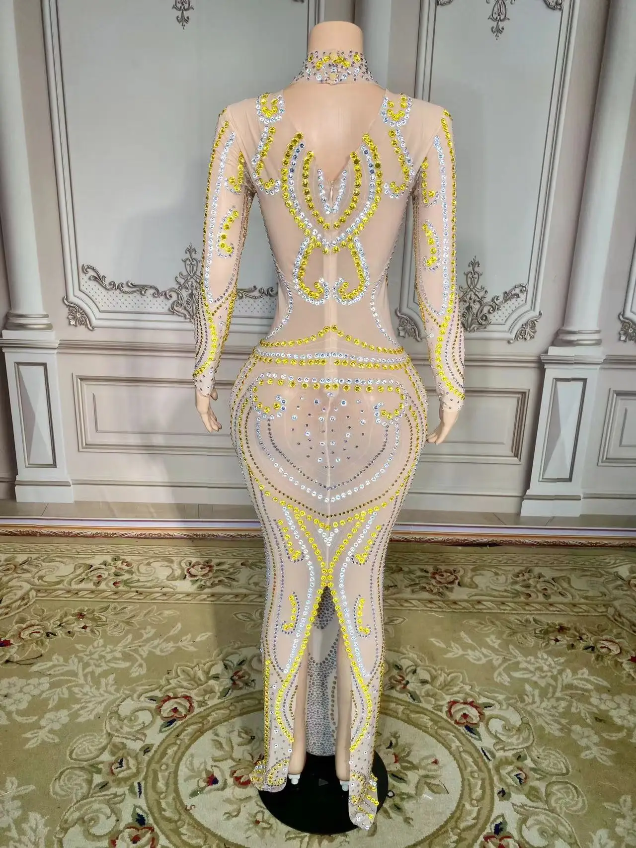 ZD New Gold Silver Rhinestones Mirrors Stretch Transparent Dress Evening Birthday Celebrate Outfit Sexy Dancer Costume