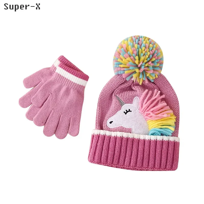 Cute Unicorn Winter Hats Gloves Set for Girls Pink Knit Beanies for Girl Colorful Pompom Lovely Gift Daughter