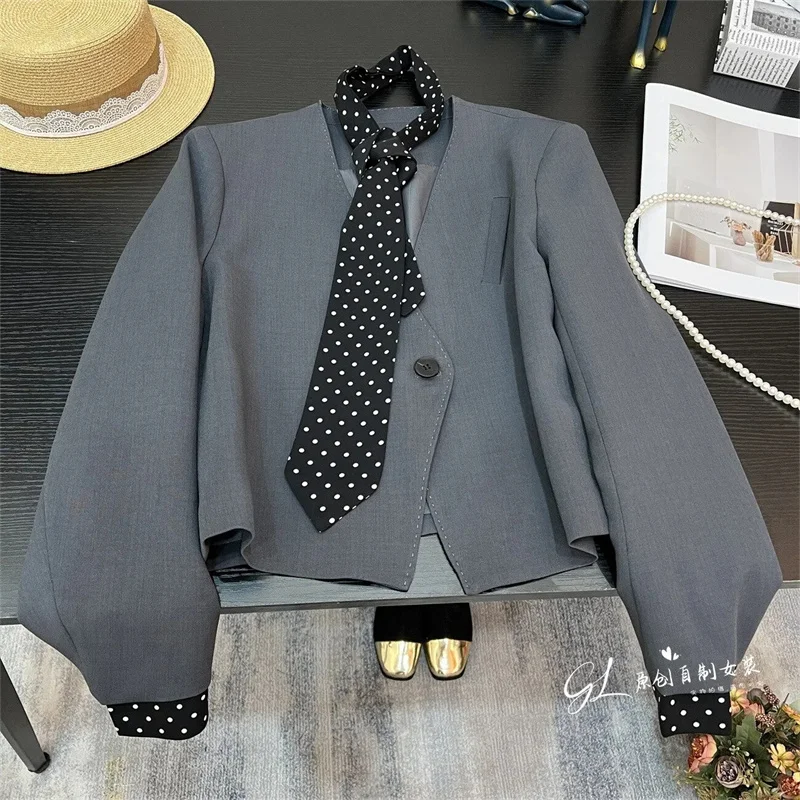 Spring Autumn Women High-end Polka Dot Ribbon Patchwork Outwear Female Fashion V-neck Jacket Korean Ladies Color Blocking Coat