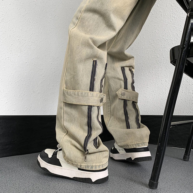 Retro American Yellow Earth Tone Men's Jeans Straight Leg Bell Bottoms Cool Handsome Spring Autumn Casual Loose Fit Jeans