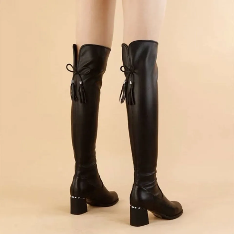 Botas elásticas de couro para mulheres, saltos grossos, sobre o joelho, luxuoso, longo, deslizar, botas de cavaleiro, senhoras, outono, inverno, 2023