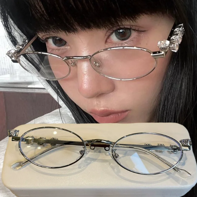 

Women's Vintage Silver Anti Blue Light Eyewear Rhinestone Stainless Steel Oval Frame Glasses Girl Reading Seaside Spectacles