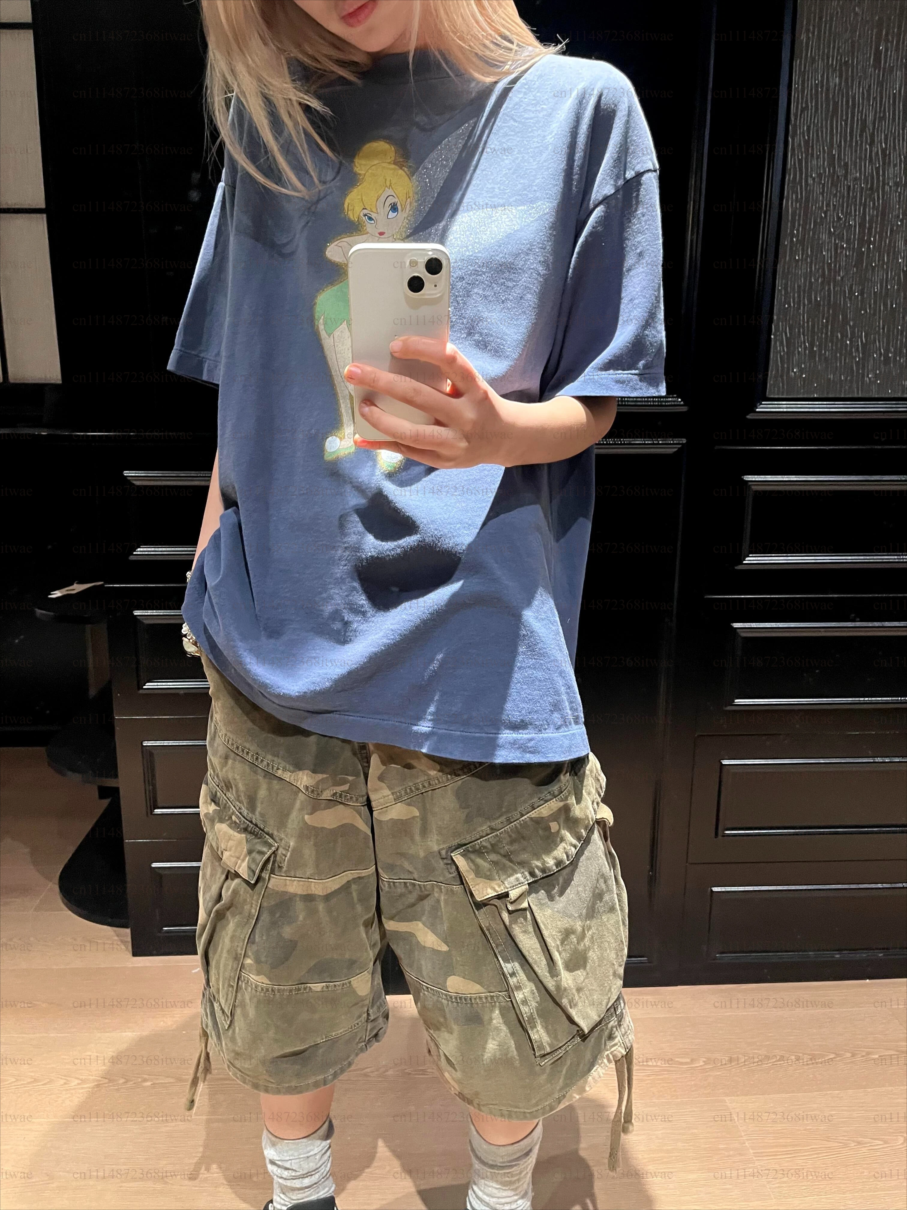 Washed Short Sleeve Loose Cartoon Top Free Optimist Fairy Sprite Print Comfortable Cotton round Neck