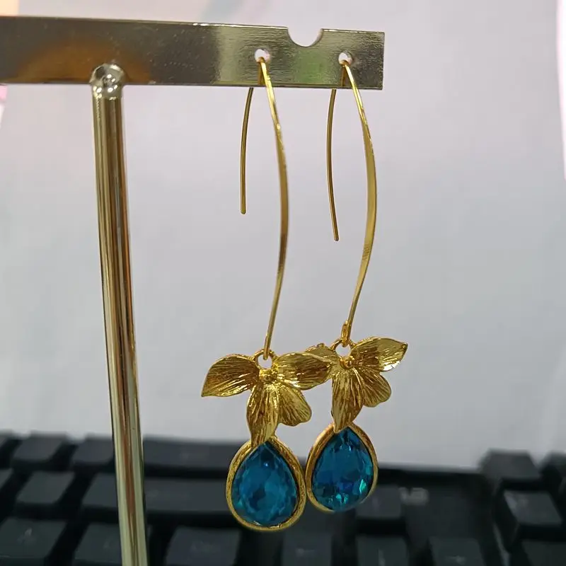 Fashion Yellow Gold Color Flower Water Drop Earring Shiny Blue Earrings for Women Engagement Wedding Anniversary Gift