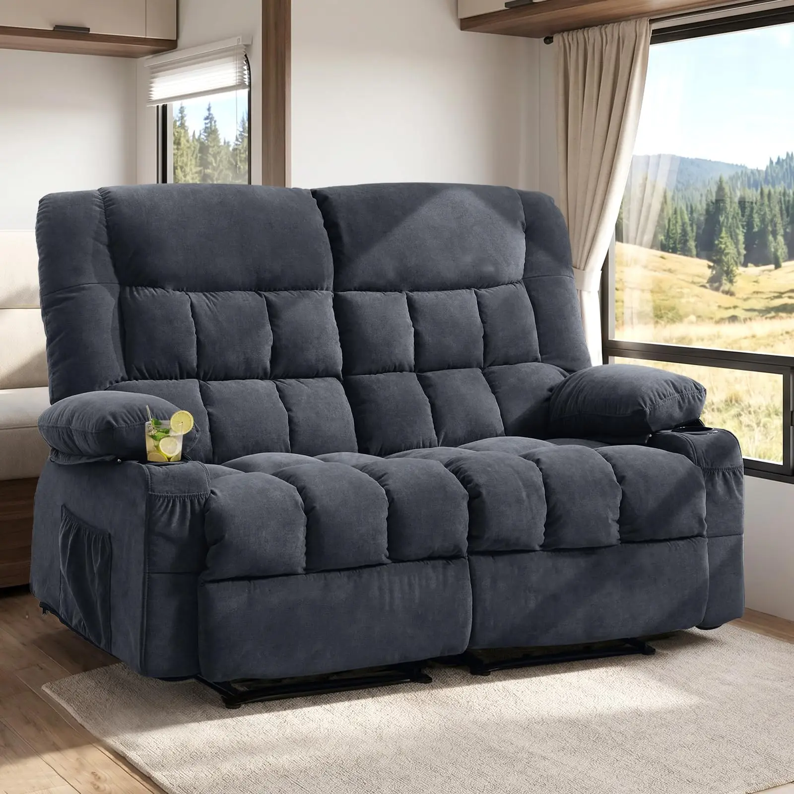 Recliner Loveseat with Cup Holders for Living Room, 2 Seat Manual Reclining Loveseat with Side Pocket, RV Loveseat