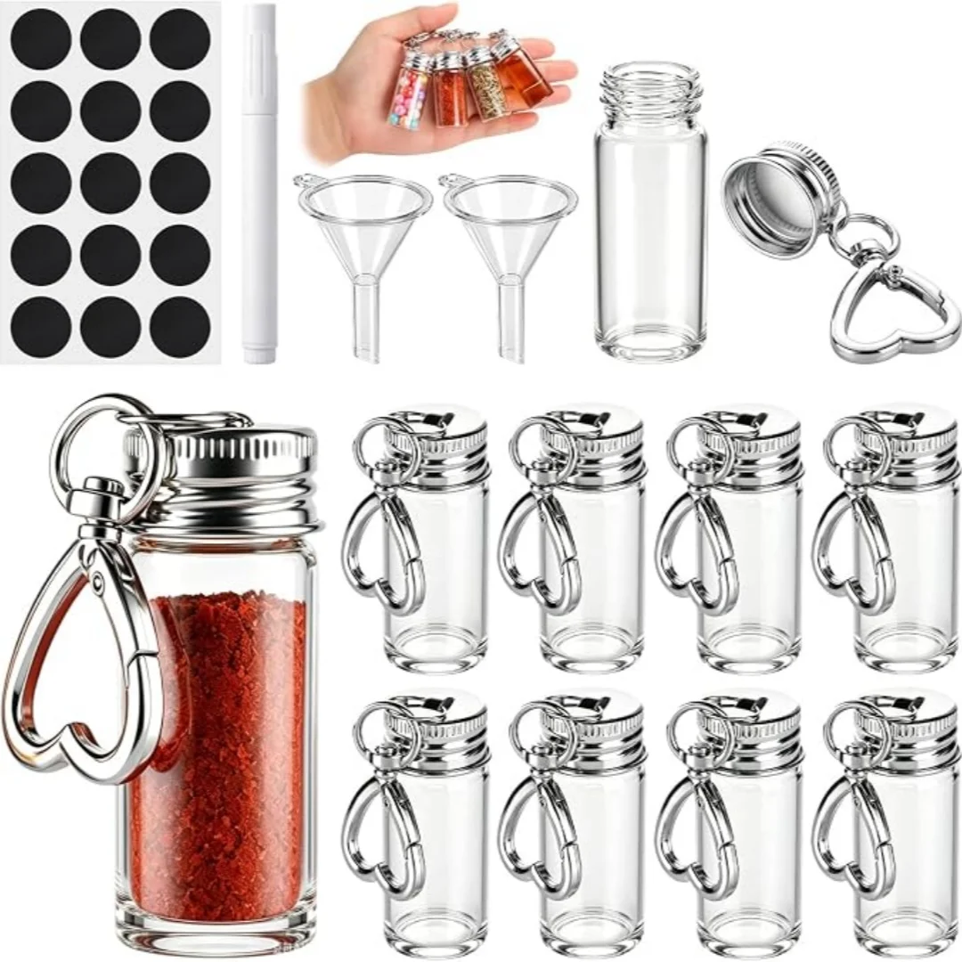 Mini Seasoning Bottles Keychain, 12Pcs (8Pcs Empty Refillable Glass Bottle) With Pen Label, For Home Crafts, Travel Camping, Gif