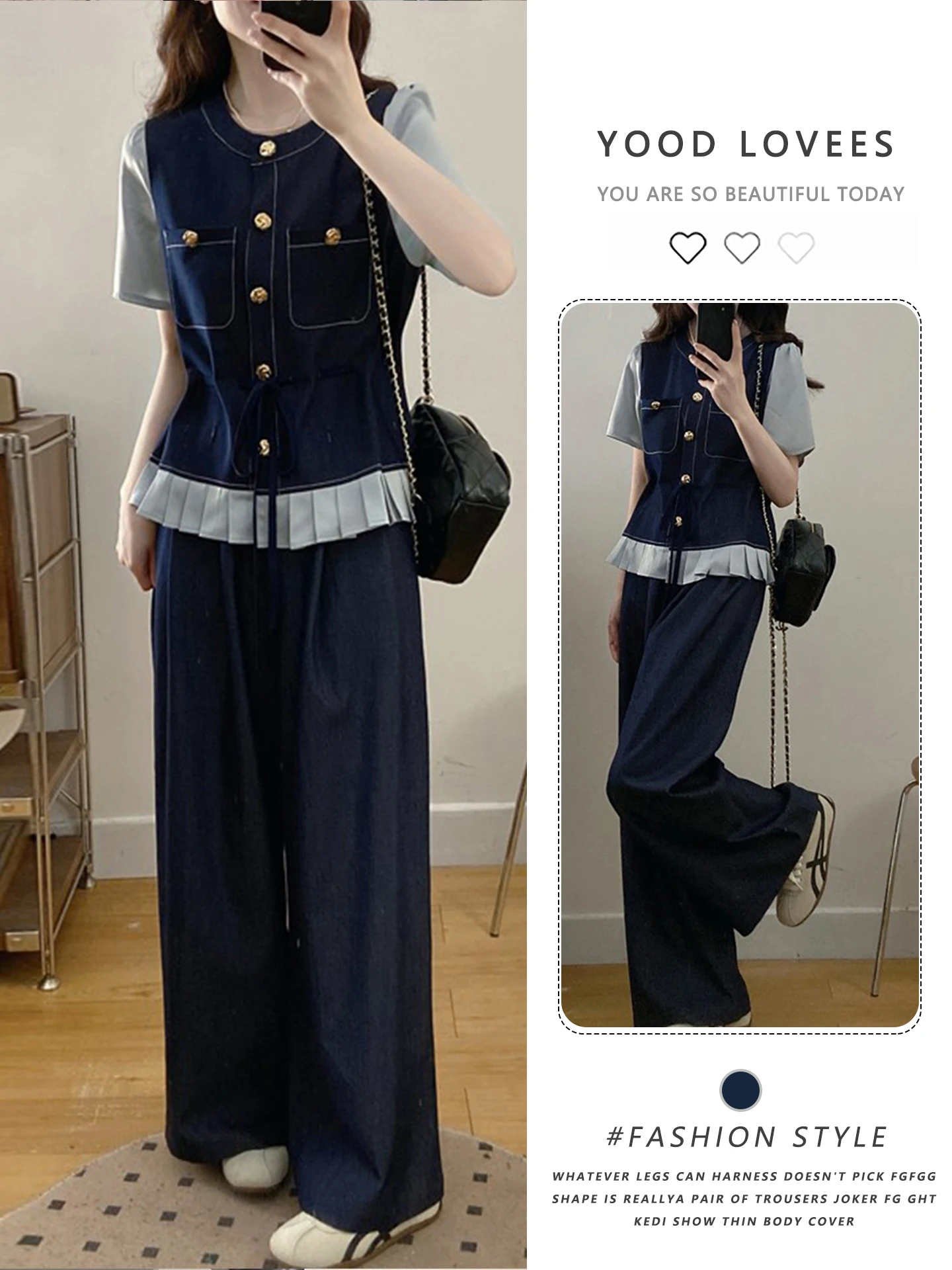 

Salt System Summer Fashionable Women's Denim Short Sleeve Wide Leg Pants Set High Waist Casual Style round Neck Button Closure