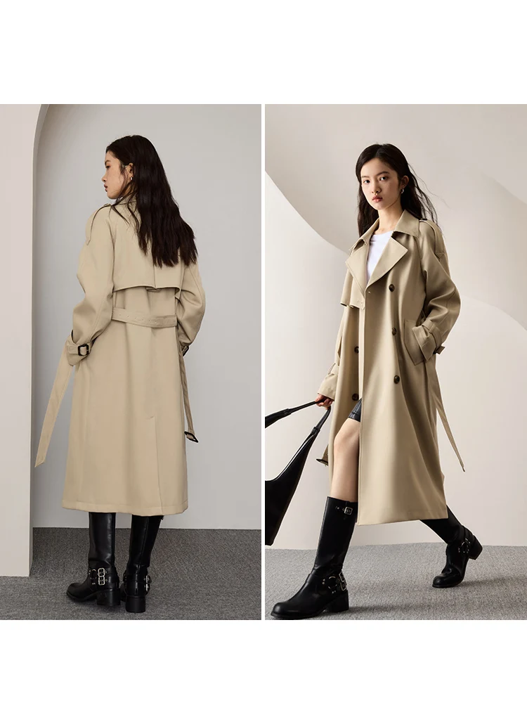 ZIQIAO Women British Style Double Breasted Casual Trench Coats Autumn Long Temperament Black Trench Jackets Straight FemaleCoat