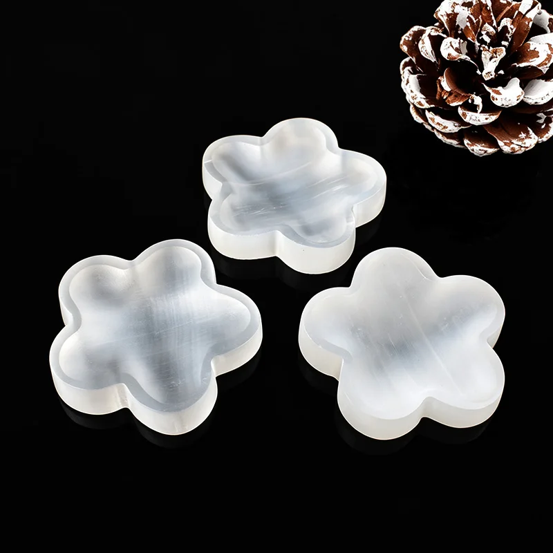 Natural Selenite Flower Bowl White Crystal Stone Dish Crystal Cleansing Holder Reiki Healing Jewelry Storage Home Table Decor