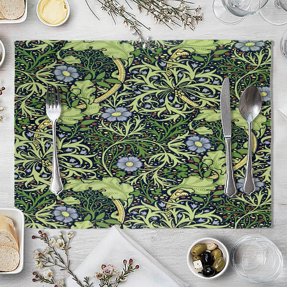 Abstract William Morris Flower Leaf Bird Placemat Linen Fabric Table Mats Family Dinner Tableware Kitchen Table Mat 30X40cm