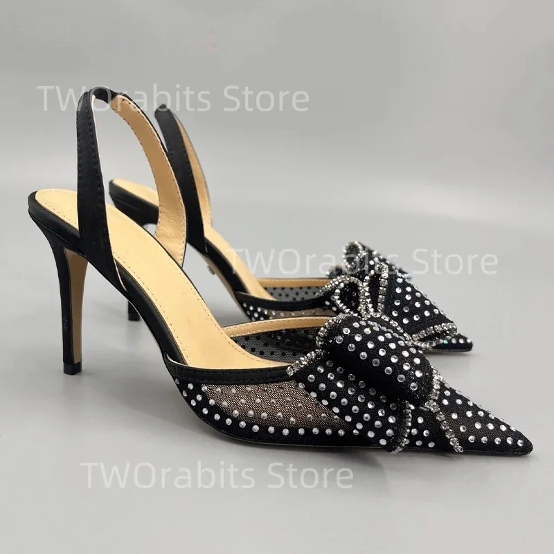 

Sweet Sexy Velvet Mesh Rhinestone Double-layer Three-dimensional Bow Women's Sandals Banquet Wedding Elegant Pointed High Heels