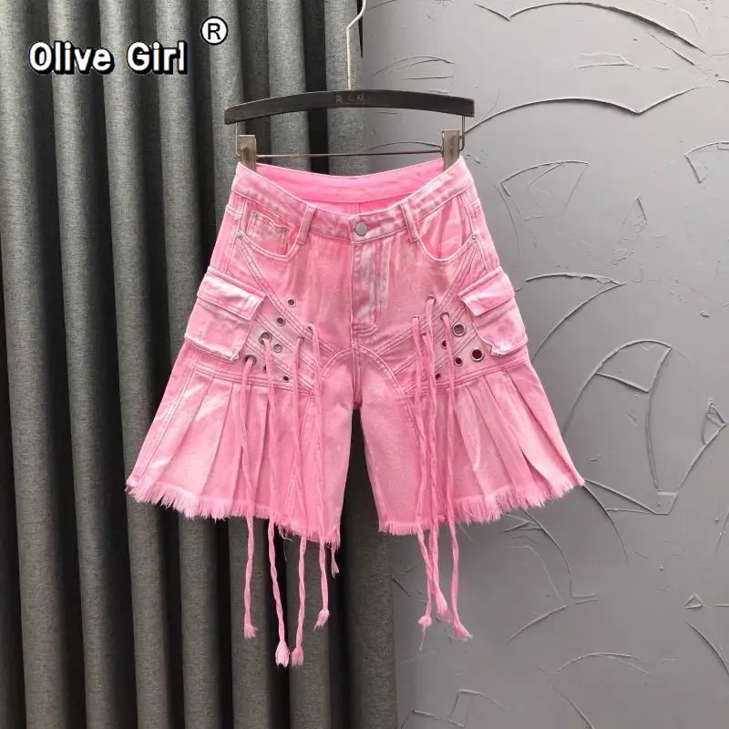 Olivegirl Women Jeans Y2K INS Pink Five Quarter Wide Leg Straight Leg Jeans Trousers 2026 Summer Pants Lace Up Tassel Fashion