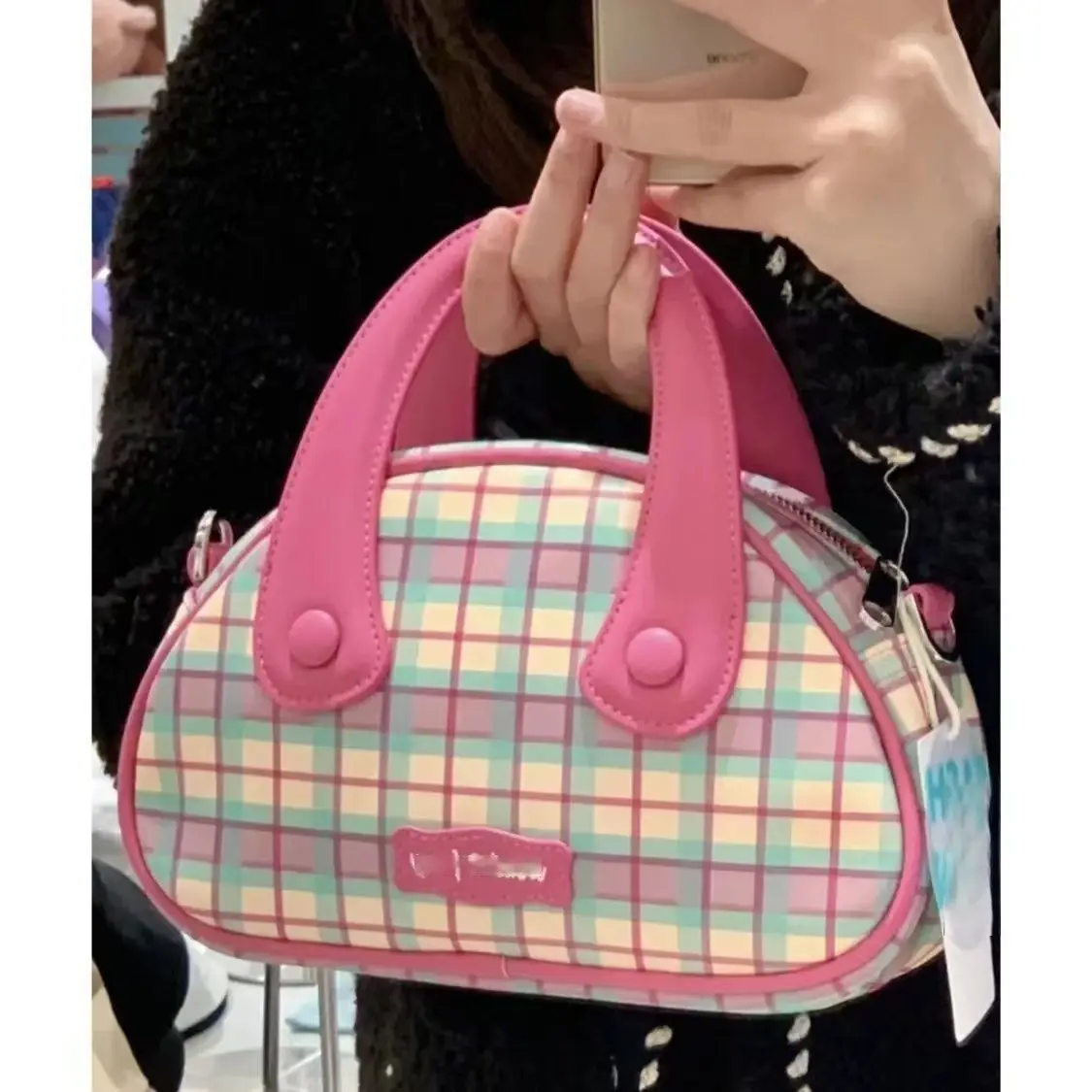 Pink Plaid Series Bowling Handbag Women\'s Spring New Fashion All-match Shoulder Bag Diagonal Bag Pink Bag Aesthetic Bags