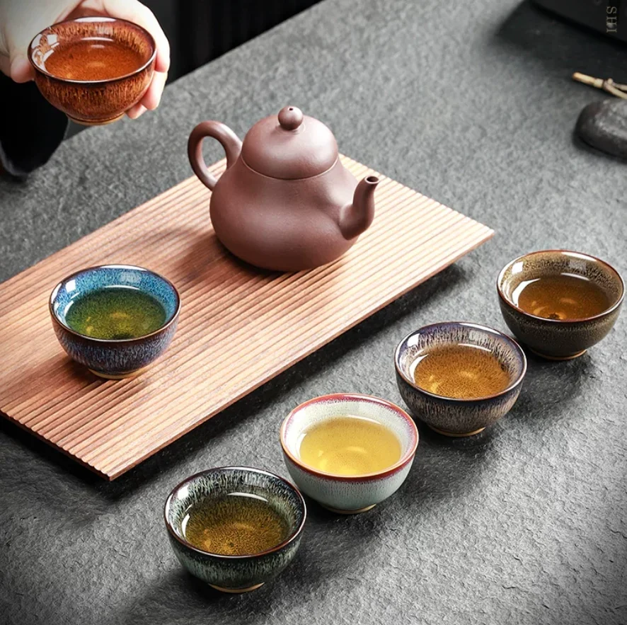 Chinese Retro Kiln Turned Ceramic Tea Bowl, Five Element Cup, Ceramic Construction Cup, 5-color Tea Cup, Gift Box, Tea Set