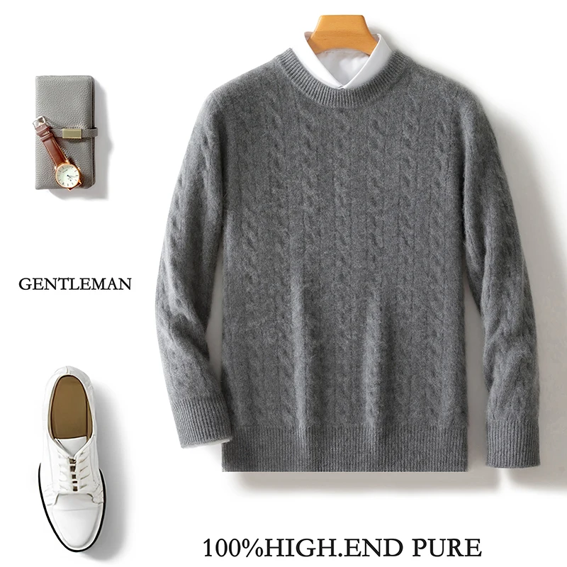 

Fashion 100% Merino Wool O-Neck Cable-Knit Sweater Long Sleeves Pullover Cashmere Men Solid Color Soft Warm Clothing Top