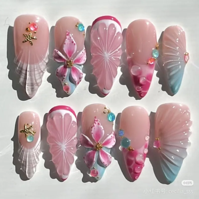 

24PCS Summer Almond Press on Nails Sweet Pink 3D Flower Shell Fake Nails Blue Gradient French False Nails High Quality Fresh Tip