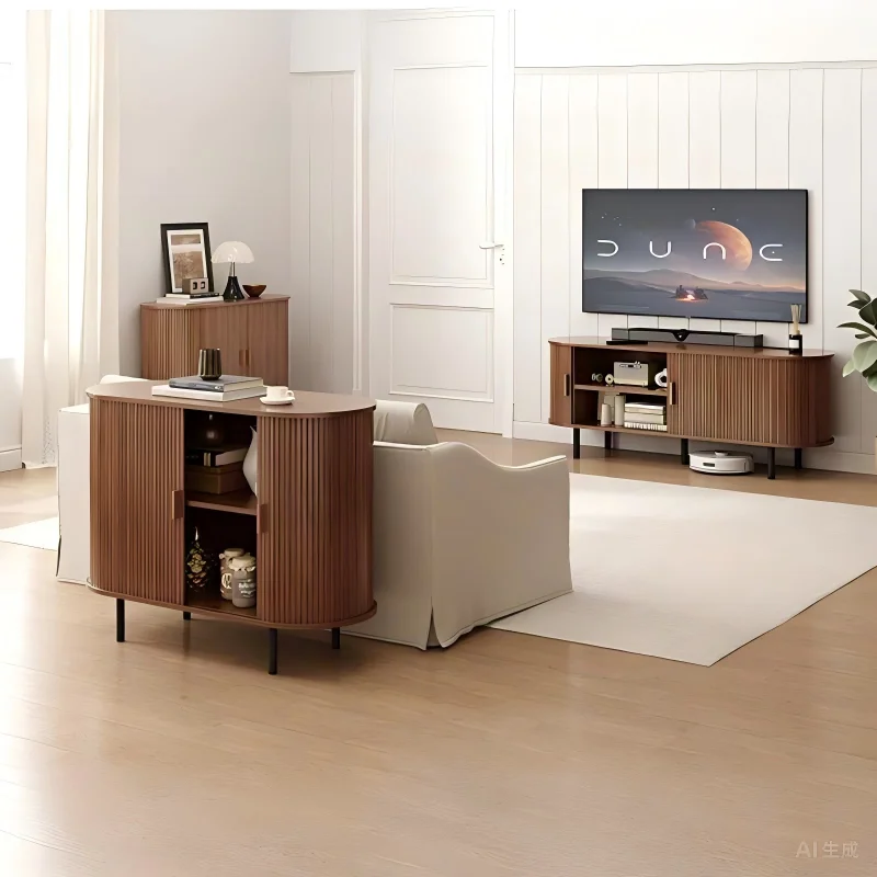 خزانة بوفيه جانبية مع باب منزلق، وخزانة تخزين ورف قابل للتعديل، وطاولة وحدة تحكم لخزانة بار القهوة