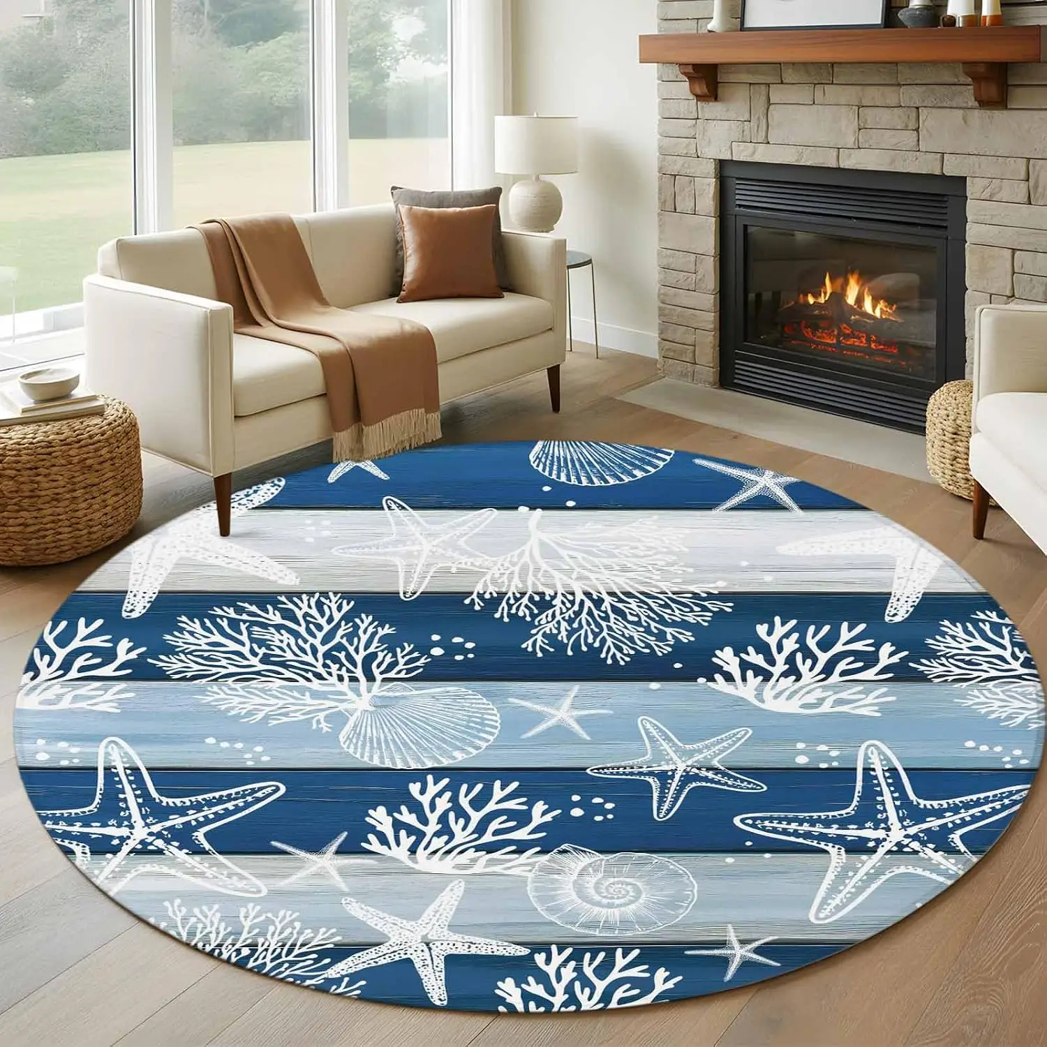 Coastal Theme Circular Rug Starfish Sea Shell Print Round Carpet for Bedroom Living Room Marine Decor Non-Slip Beach Mat