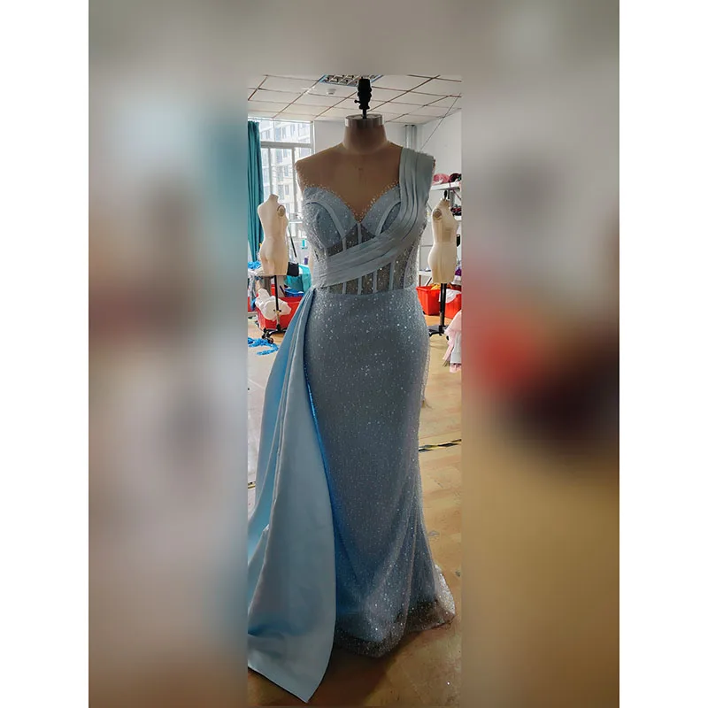 Vestido De noche azul cielo para mujer, traje De lujo con cuello transparente, lentejuelas brillantes, cuentas, sirena, fiesta Formal, 2024