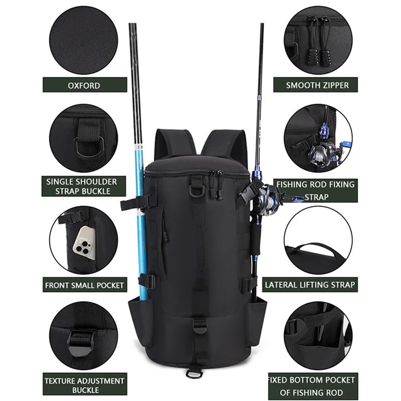 حقيبة ظهر لصيد الأسماك متعددة الوظائف للرجال ، سعة كبيرة ، تخزين قضيب ، حقيبة كتف ، رياضة خارجية ، معدات صيد الأسماك ، حقيبة دلو