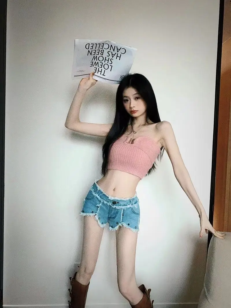 Hot Girl Ripped Denim Shorts Women's High Waist Slimming Wide-leg Pants Irregular Fur Edges