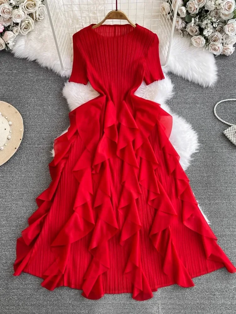 2025 verão novo elegante babados camada bolo vestidos miyake manga curta plissado a linha de alta estiramento festa midi vestido para mulher