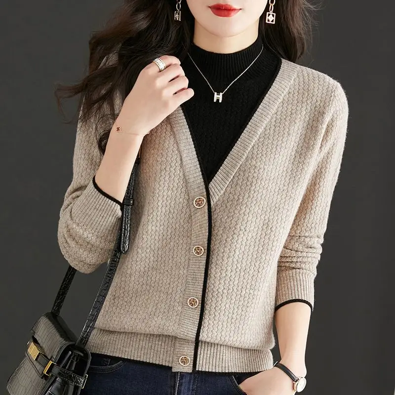 Women Clothing New Korean Style Patchwork Elegant Knitted Sweater Autumn Winter Half High Collar Long Sleeve Loose Pullover Tops