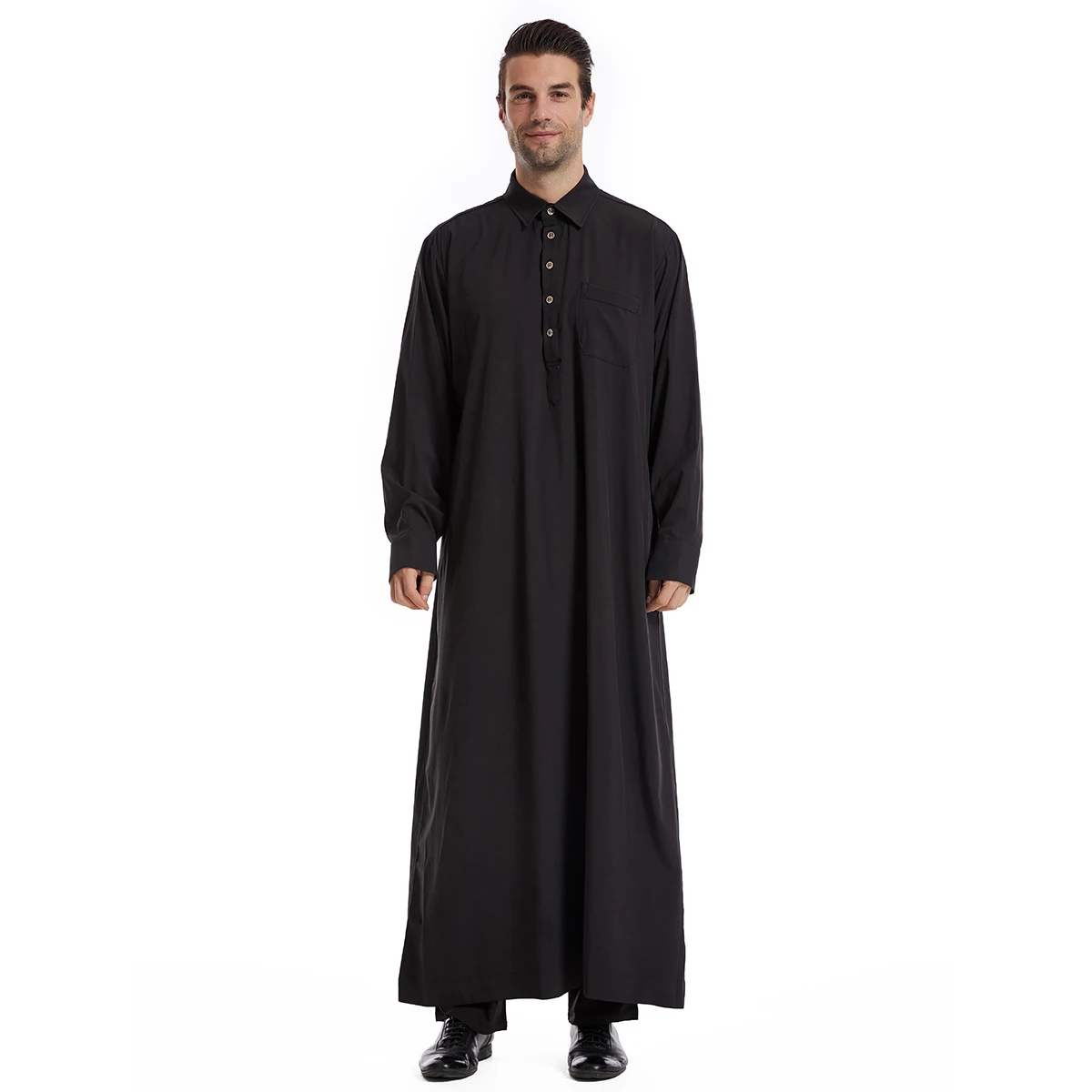 Muslim Men Long Sleeves Turn-down Collar Solid Color Button Robe Arab Male Adult Ankle Length Thobe Ramadan Eid Clothes