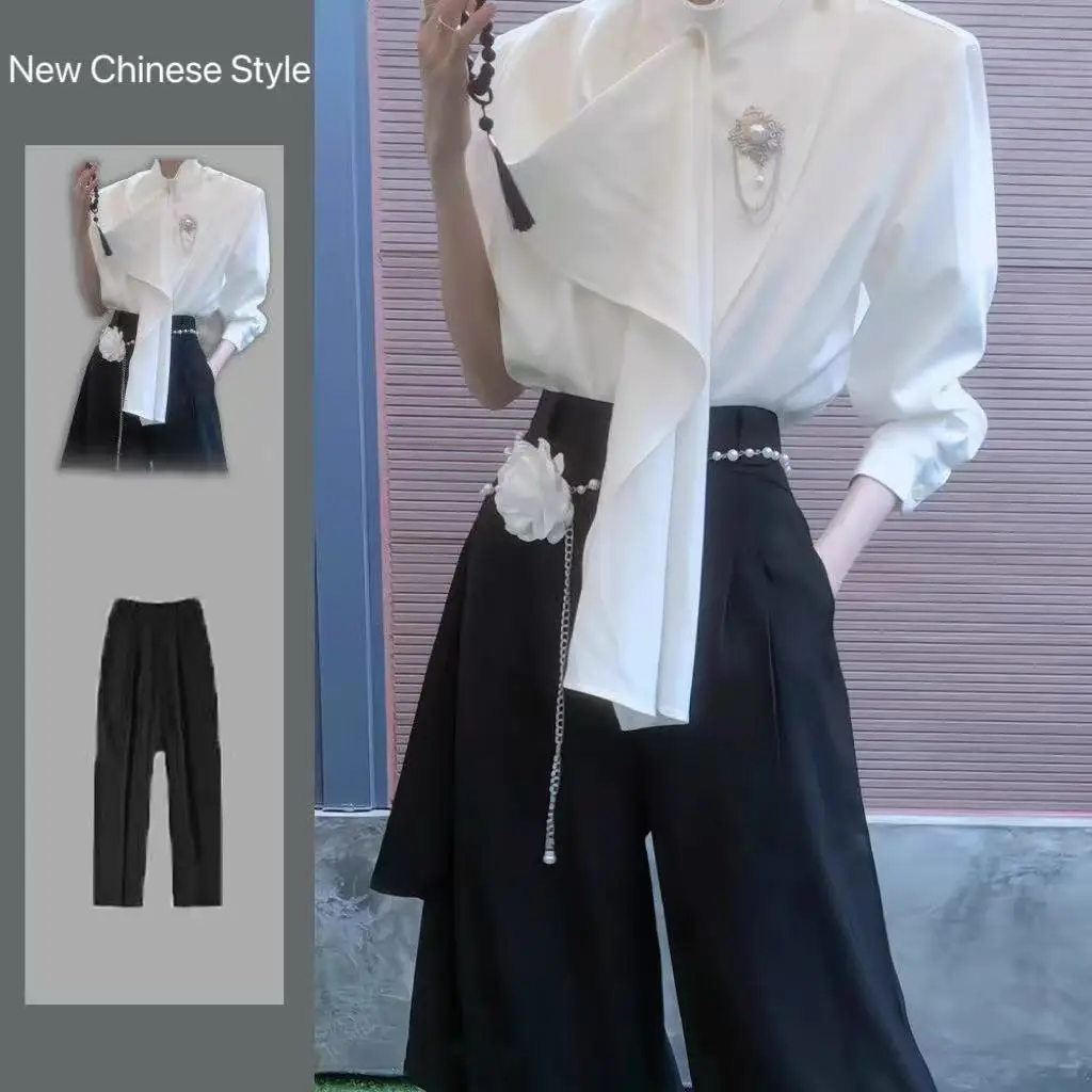 

Niche New Chinese Style Costume Men Women White&Black Ribbon Scarf Collar Tops Shirt Vintage Bisex Street Fashion Y2K Overshirt