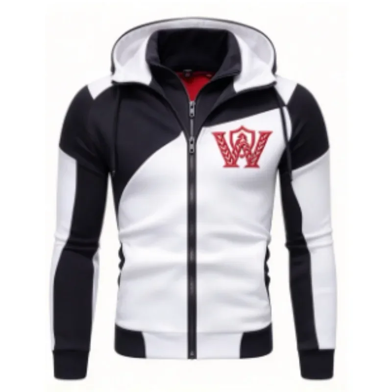 Fashion Splicing Contrast Color Men Hoodie, Full Zip Slim Layered Hooded Jacket for Daily Jogging