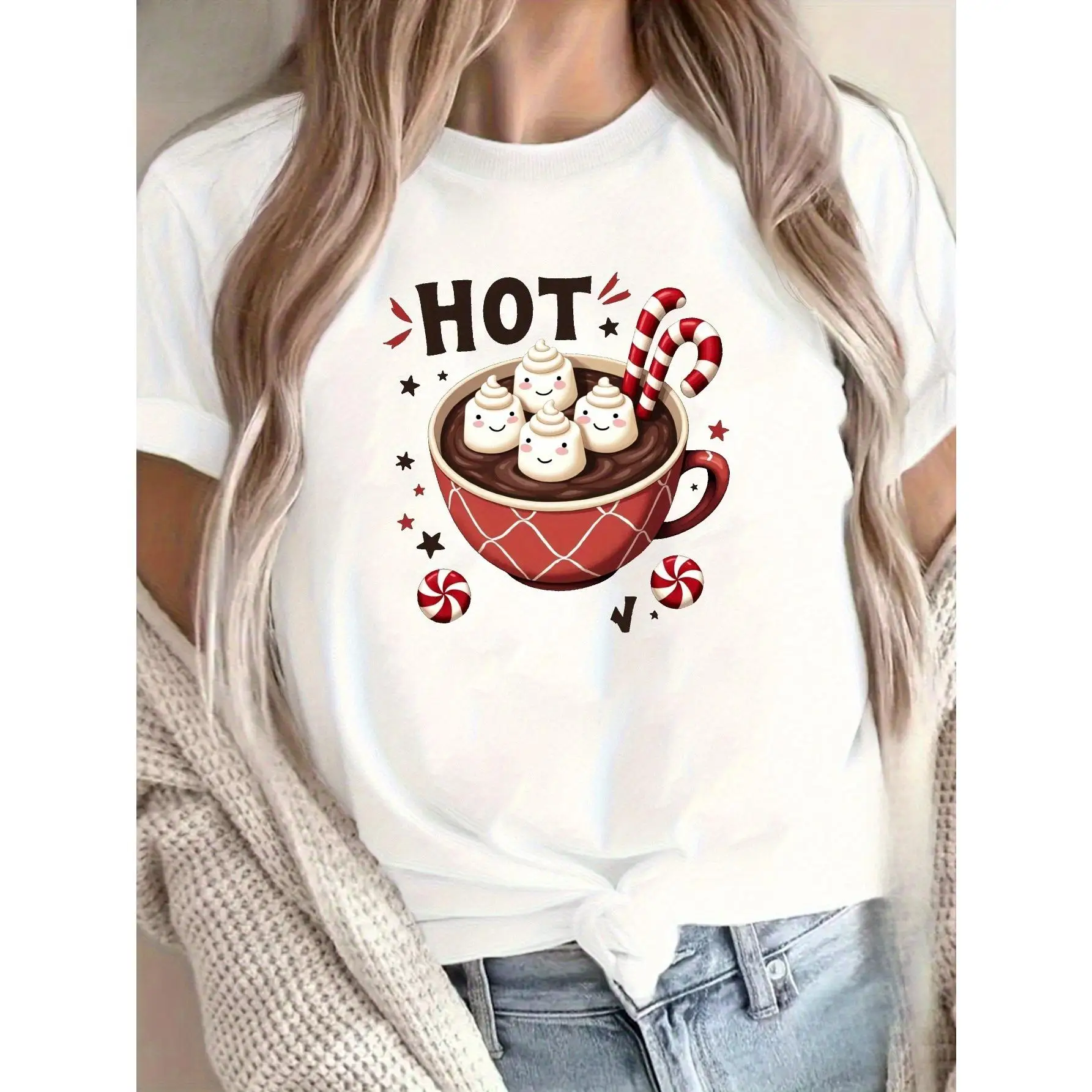 

Hot Chocolate Graphic T-Shirt, Christmas Holiday Cocoa Crewneck Tee, Funny Winter Gift Top for Women