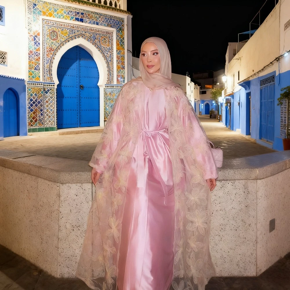 

Мусульманское женское платье Абая, комплект из 2 предметов, вечерние платья, Дубай Джалабия, Абая, кафтан с цветочной вышивкой, Марокко, Vestidos, арабский Рамадан