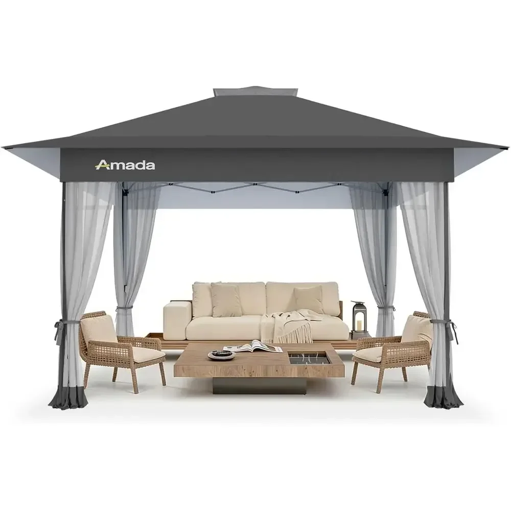 13x13 Gazebo with Wheeled Cover Bag, Patio Furniture, Up Tent Party Shelter, Mosquito Netting, Grey