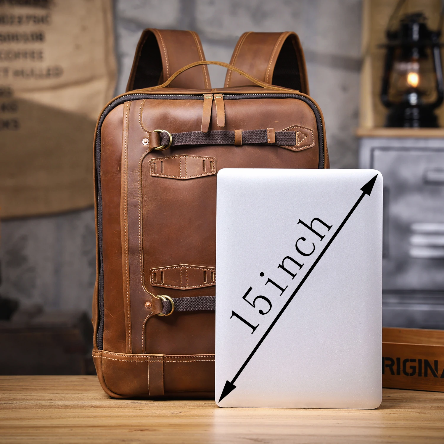 S.WORKER Vintage Echtleder-Rucksack 16" Laptop-Tasche Lässige Crazy-Horse-Leder-Schultasche Outdoor-Reise-Weekender-Tasche – Detail 3