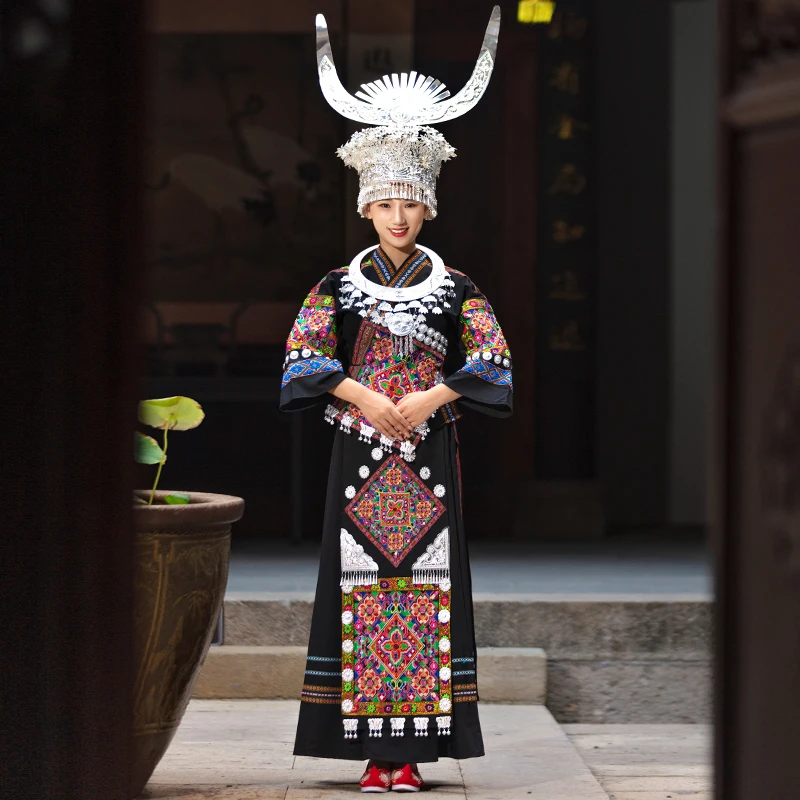 

Guizhou Dress of Miao Minority Female Costume Adult Xiangxi Hmong Village Embroidery Stage Performance Photo Trip Shoot Clothing