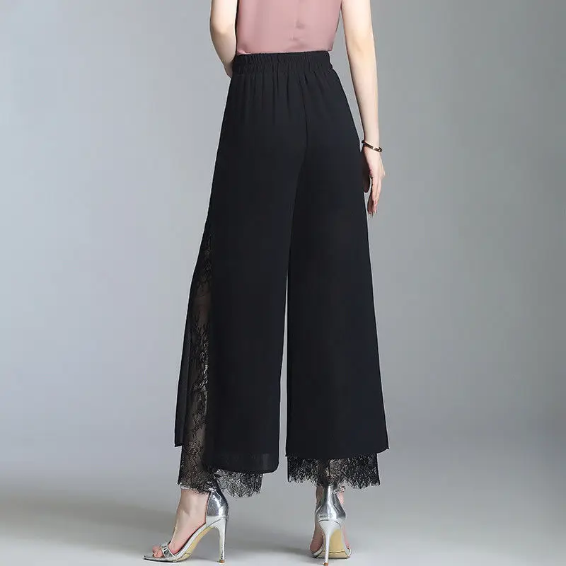 Women Split Lace Patchwork Elegant Straight Wide Leg Cropped Trousers Female Summer Black Loose High Waist Thin Pants Pantalones