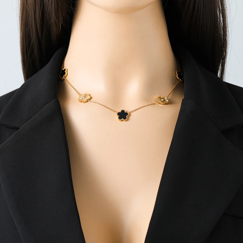 EILIECK 316L Stainless Steel Black Reversible Leaf Clover Necklace Bracelets Earrings Set For Women Fashion Waterproof Jewelry