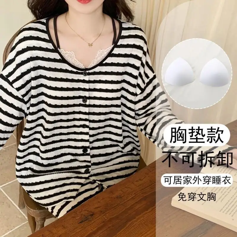 Primavera outono pijamas femininos versão coreana listra confortável pijamas mangas compridas terno solto conjunto de pijama cardigan homewear ﻿