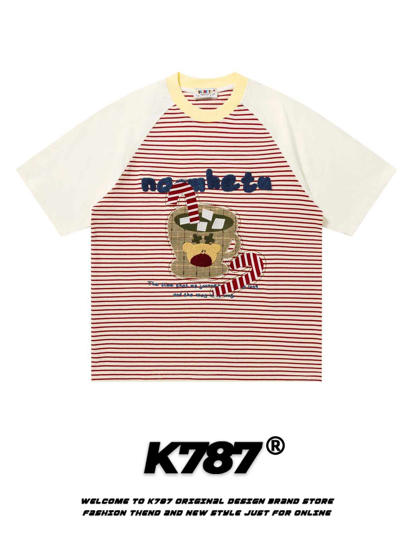 

K787 American Retro Fun Embroidered Striped ort Sve T-irt ex Loose Color Blo Casual Couple round Ne Top